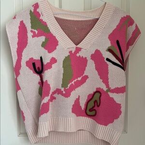 SHEIN Pink and Green Abstract Knit Sweater Vest